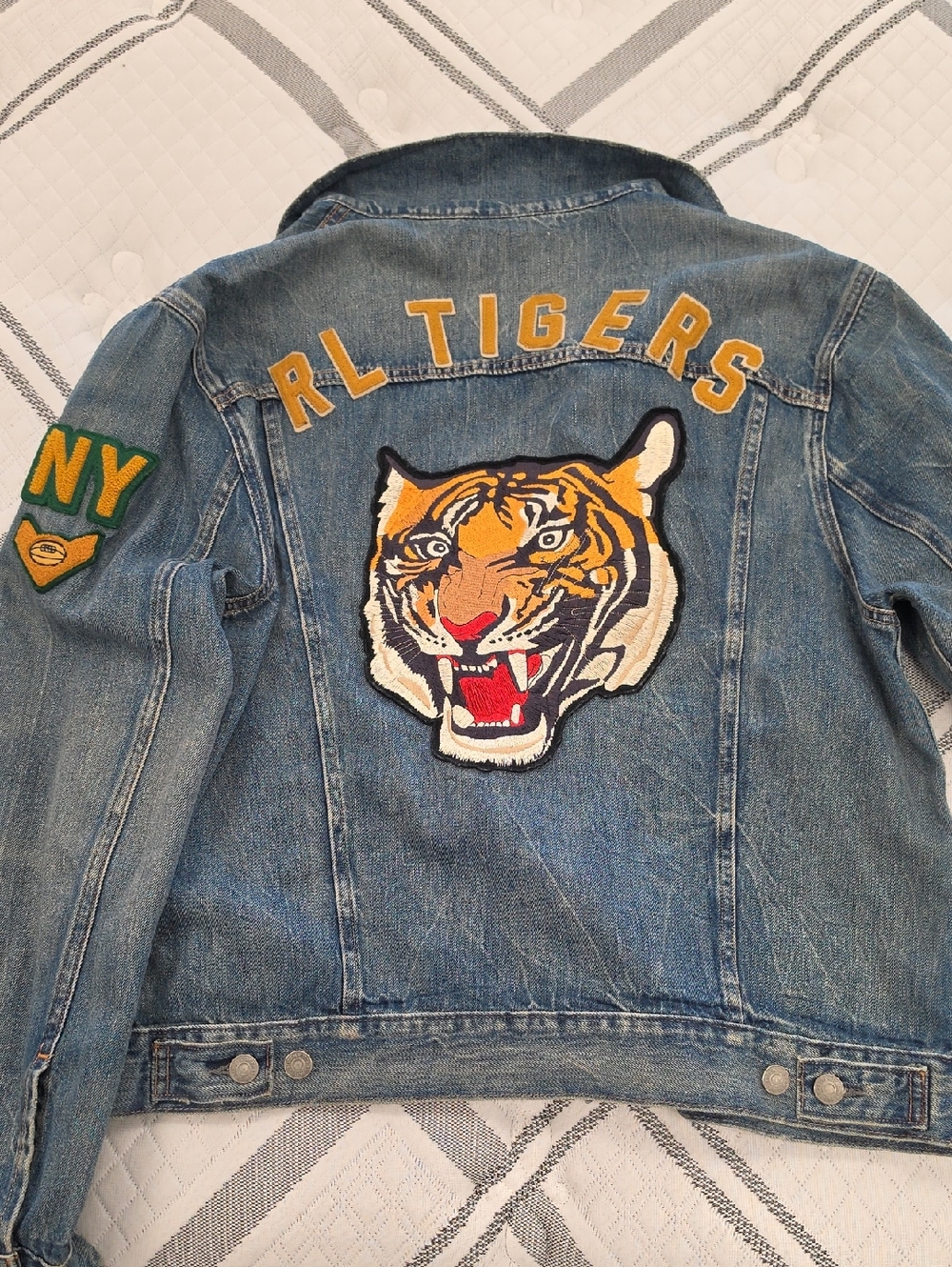 POLO Ralph Lauren Blue Denim TIGER Patch FOOTBALL LETTERMAN JACKET•Large•RARE! - Picture 4 of 15